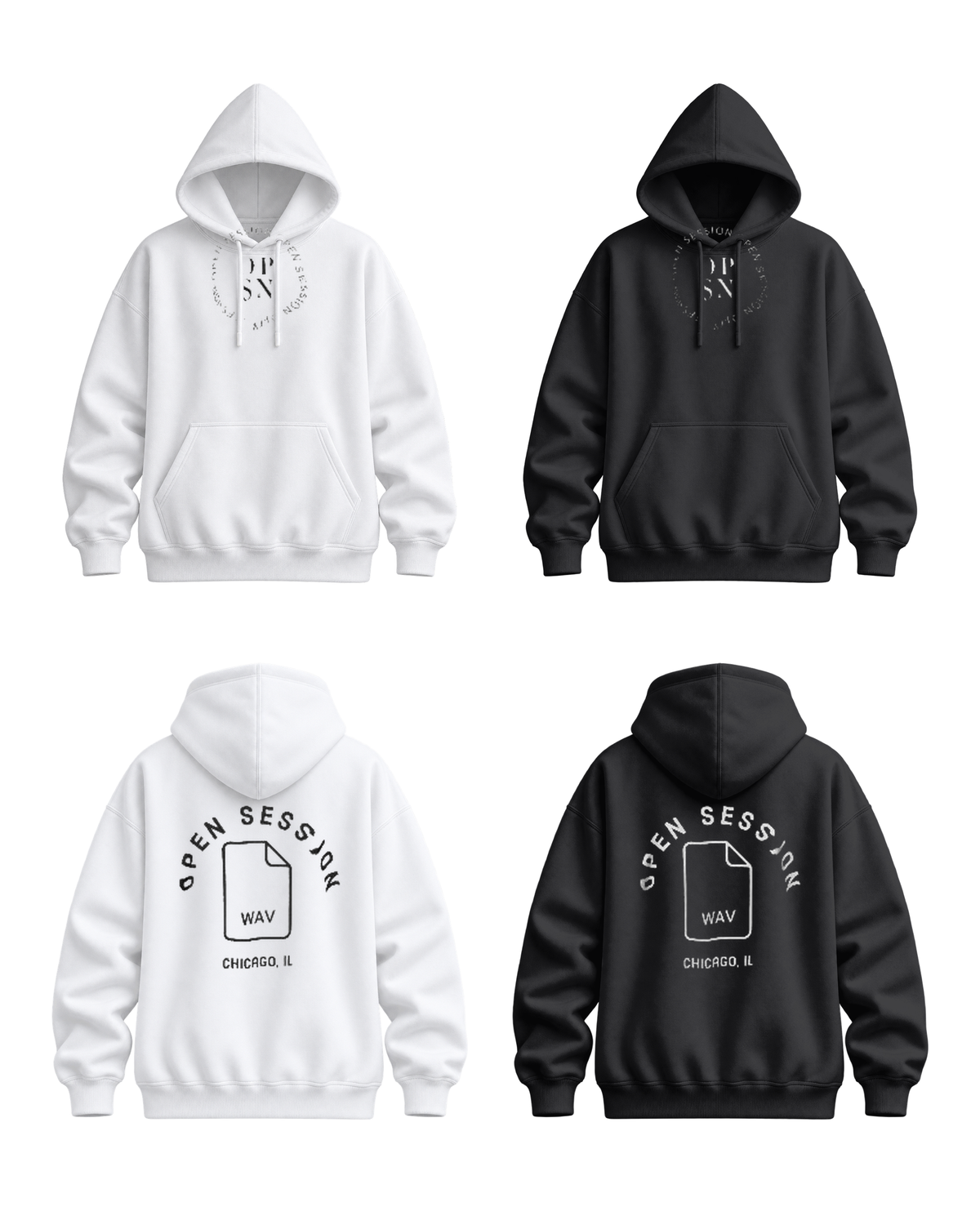 Open Session “WAV” Hoodie in White and Black, front and back, on white background