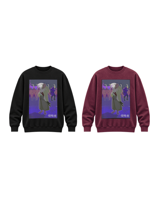 Black and Burgundy “Invaders” crewneck sweatshirts, transparent product image