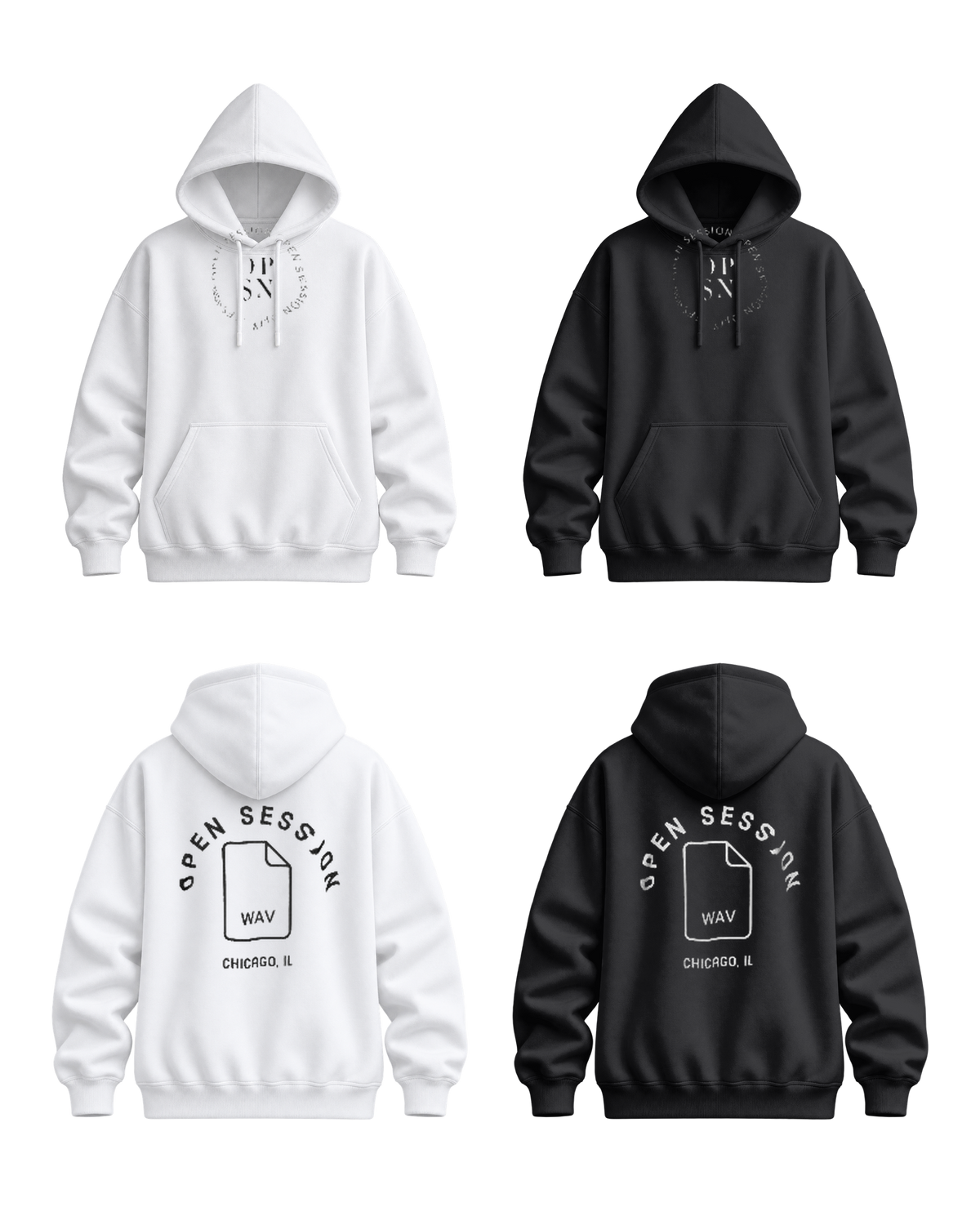 Open Session “WAV” Hoodie in White and Black, front and back, transparent product image