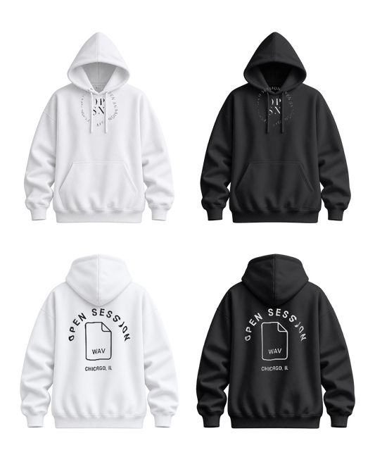 Open Session “WAV” Hoodie in White and Black, front and back, transparent product image