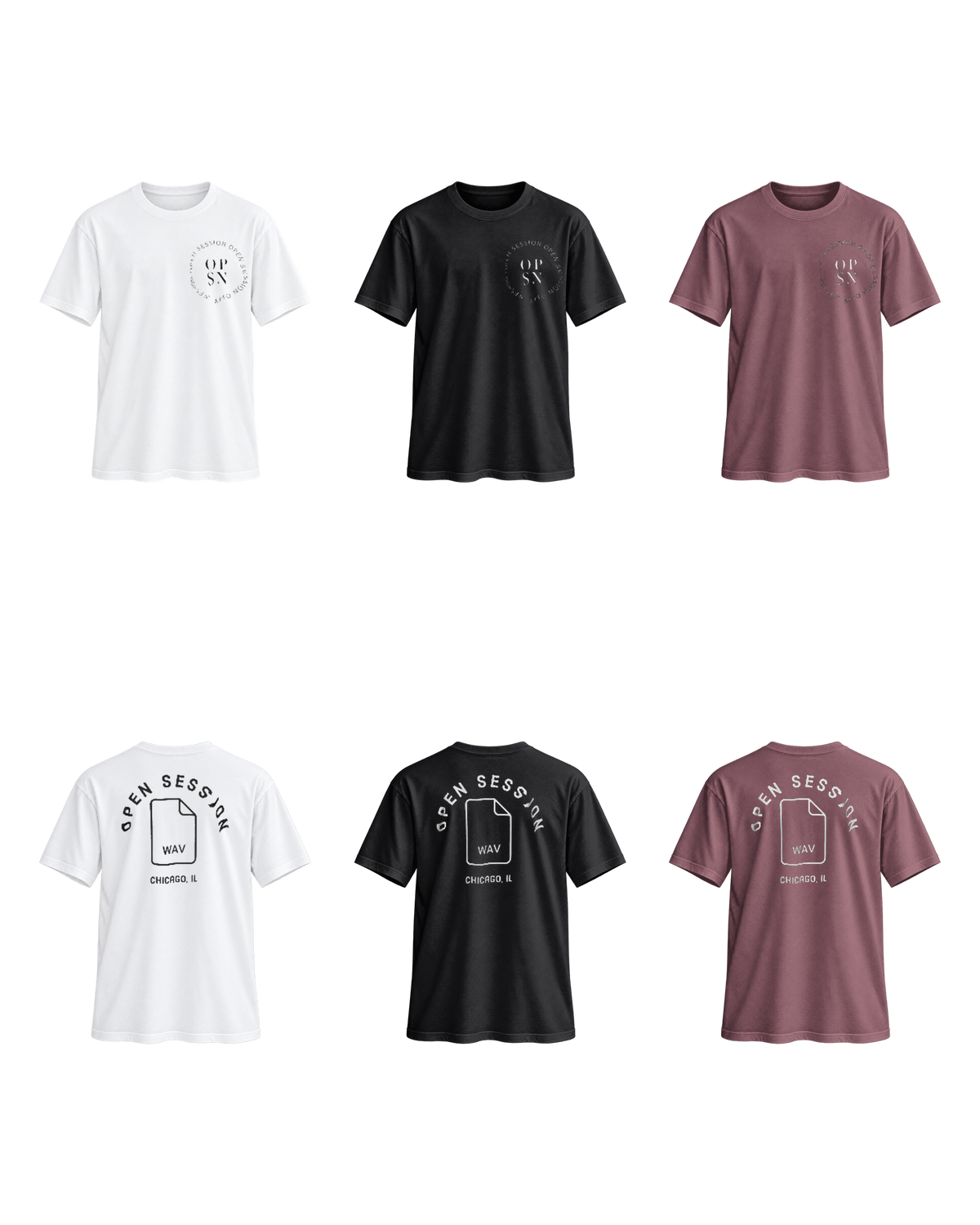 Open Session “WAV” T-Shirt in White, Black, and Burgundy, front and back, transparent product image