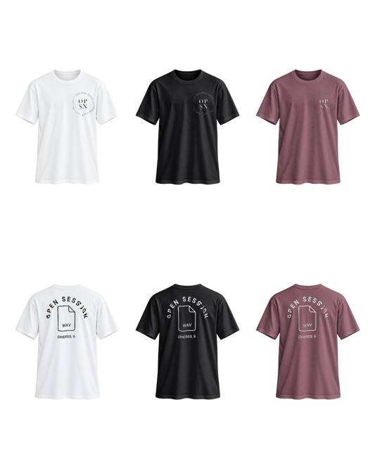 Open Session “WAV” T-Shirt in White, Black, and Burgundy, front and back, transparent product image