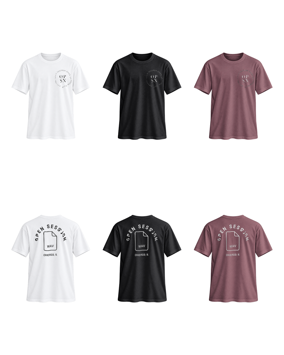 Open Session “WAV” T-Shirt in White, Black, and Burgundy, front and back, on white background